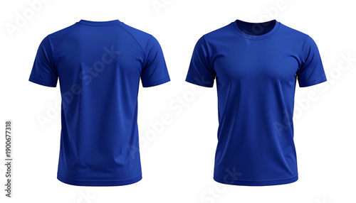 Front and back views of a plain, vibrant blue, short-sleeved athletic t-shirt