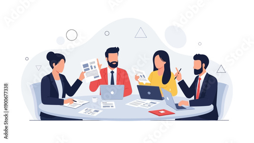 Diverse business team in meeting, discussing documents and using laptops.