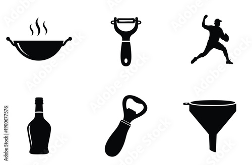 Set of kitchen and activity icons, including wok, peeler, baseball player, bottle, bottle opener, and funnel, black silhouette graphics.