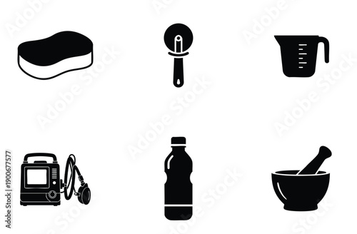 Collection of home and medical equipment icons, such as sponge, pizza cutter, measuring jug, ventilator, water bottle, and mortar pestle.