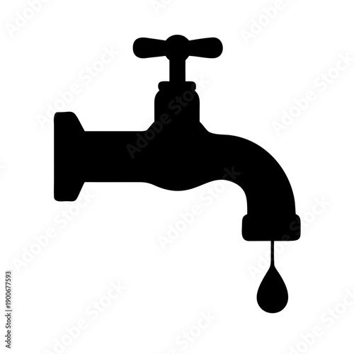 Black Water Tap Faucet Vector Icon with Droplet Silhouette for Plumbing and Conservation