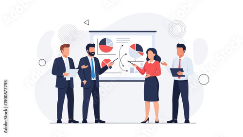 Business meeting with presentation and charts on whiteboard - team strategy discussion