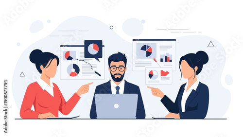 Business Team Analyzing Data Charts and Graphs on Laptop Screen
