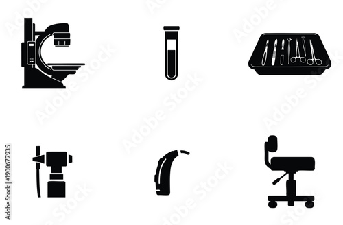 Medical mammography machine black icon set for healthcare diagnostic screening mammogram device on white background for breast cancer detection and women's health checkup equipment