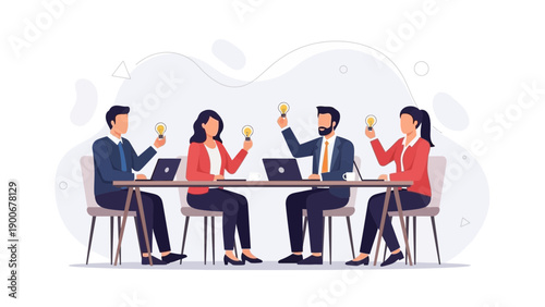 Team Brainstorming with Lightbulb Ideas at Meeting Table