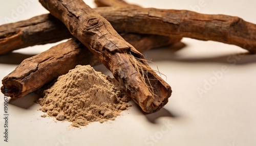 Tongkat Ali (Eurycoma longifolia) Root Sticks and Powder on Neutral Background – Traditional Herbal Ingredient Macro