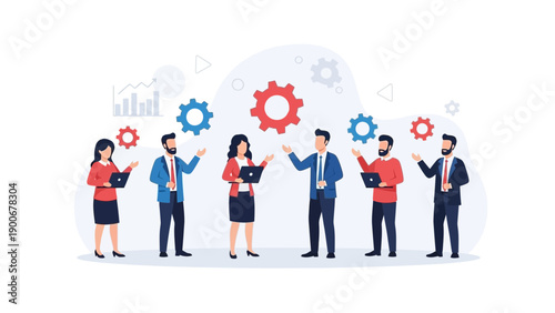 Teamwork and collaboration in business, gears and analytics