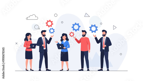 Teamwork and Collaboration: Business People with Gears and Laptops