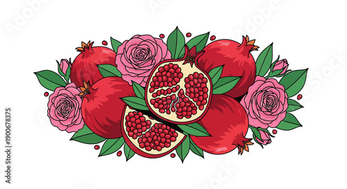 Vector pomegranate and pink rose floral arrangement, fruit and flowers illustration for banner, poster, or greeting card, Isolated on transparent background, png