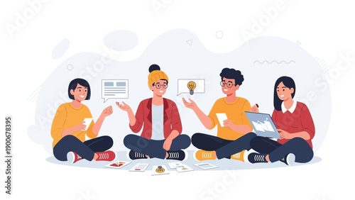 Diverse group brainstorming ideas and collaborating in a casual meeting.