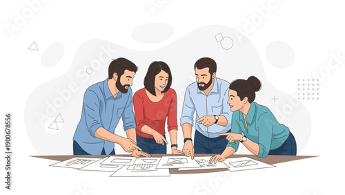 Diverse team collaborating on project plans around a table, illustration