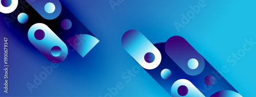 Abstract shapes, vibrant blues, gradients create dynamic composition. Modern design, clean aesthetic, visually appealing background.