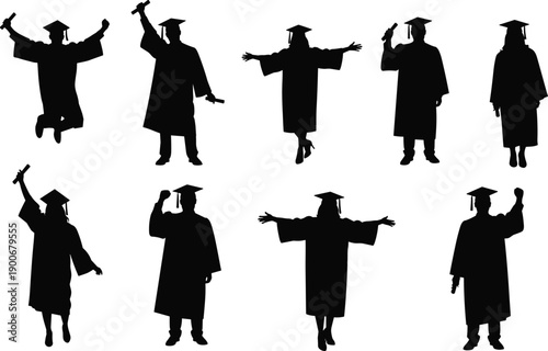 Graduate silhouettes celebrating graduation, academic success concept, education achievement, students holding diplomas, ceremony celebration, university college illustration, vector isolated black