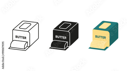 Three illustrations of butter boxes in different colors Vector