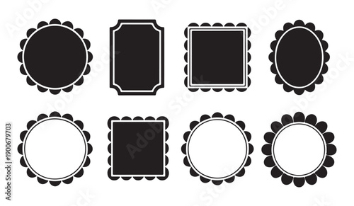 Decorative black scalloped frames set with round square and oval shapes for badges and label designs
