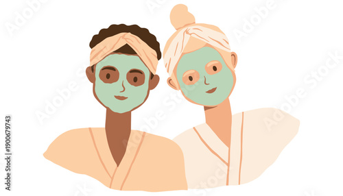 Two women wearing face masks and robes for a relaxing spa day