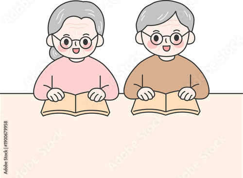 Senior Citizens Learning and Reading Book Illustration Set