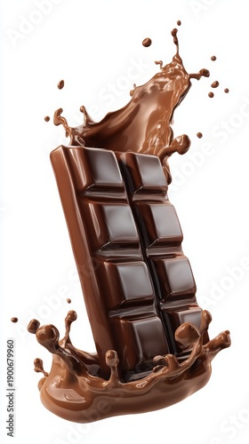 a hyper-realistic image of a melting chocolate bar with a liquid splash