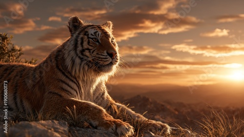 a majestic tiger basking in the golden glow of sunset on an open savanna