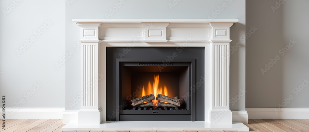 Fototapeta premium Modern fireplace design with elegant mantel, glowing flames, and wooden logs creates cozy atmosphere in stylish interior