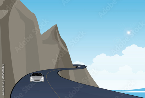 Car driving on a winding mountain road along a cliff.