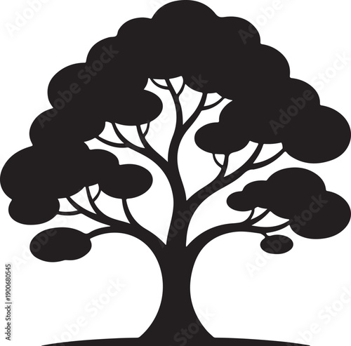 Black silhouette icon of a leafy tree with rounded canopy