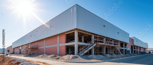 Modern industrial building construction site scaffolding clear sky sunlight exterior brick metal urban development architecture