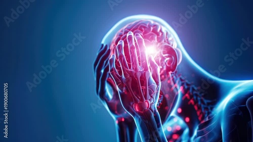 Illustration of human head silhouette with highlighted brain, indicating neural activity or headache