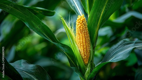 a single ear of corn with green leaves