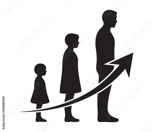 Human growth cycle from childhood to adulthood with progress arrow vector illustration