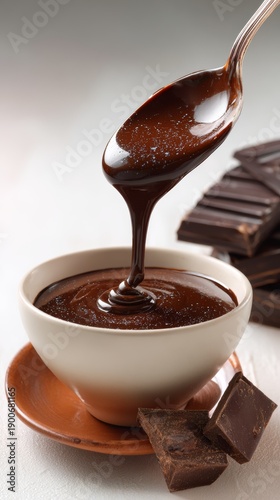 a spoonful of smooth, glossy dark chocolate syrup being poured over the white bowl