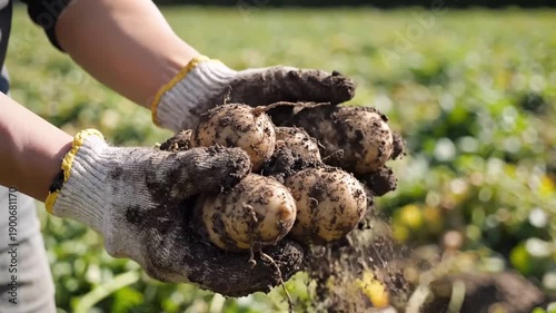 Freshly Harvested Organic Potatoes Being Held by a Farmers Hands in a Field