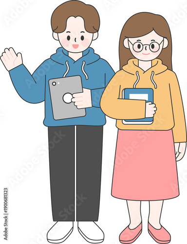 College Student Couple Holding Tablet and Book Illustration