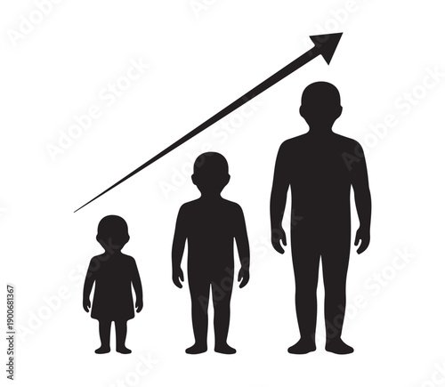 Children growing up, progression from baby to adult, with upward trending arrow on white background