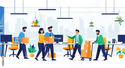 Office workers moving boxes and equipment during relocation.