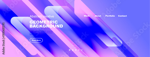 Vibrant abstract geometric background. Blue, purple hues blend. Website header includes navigation options, button. Modern design aesthetic.