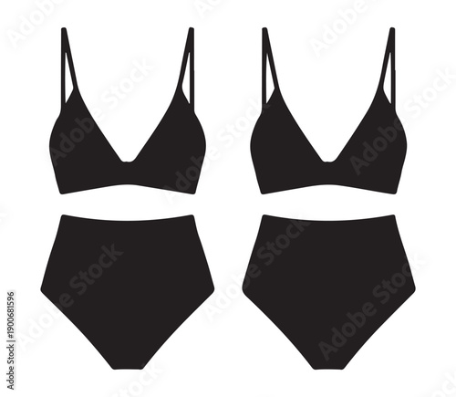 Bikini icons set for swimwear fashion design featuring high waisted bottoms and triangle bra tops