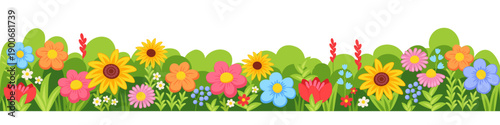 Horizontal seamless floral border decorated with blooming flowers and  leaves. Spring and summer botanical border.
