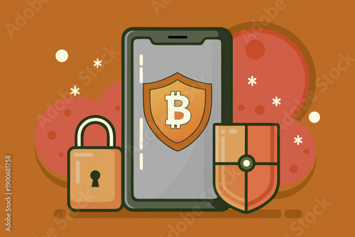 Vector illustration of a digital padlock protecting a gold Bitcoin on a mobile screen, blue shield background, cyber security for finance concept.security, protection, crypto, wallet, bitcoin, safety,