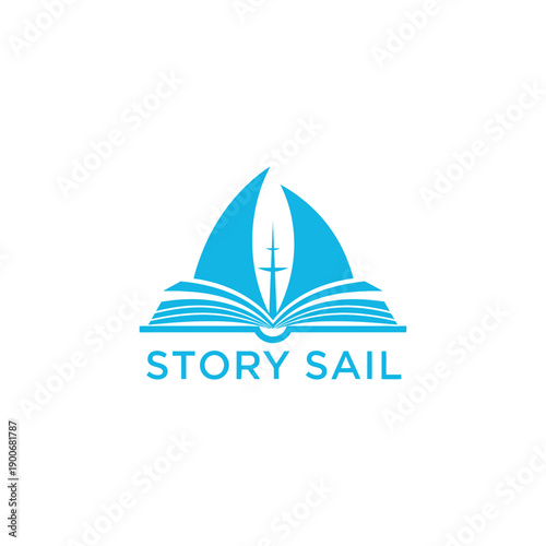 Creative open book integrated with sailboat sails icon for education or publishing business logo design isolated on white Story Sail