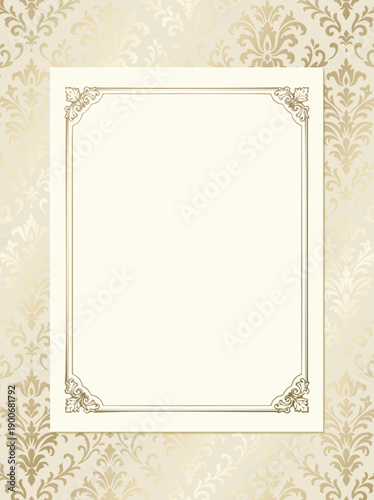Champagne gold damask pattern background with blank vertical frame. Luxury vintage wedding menu or certificate template.
