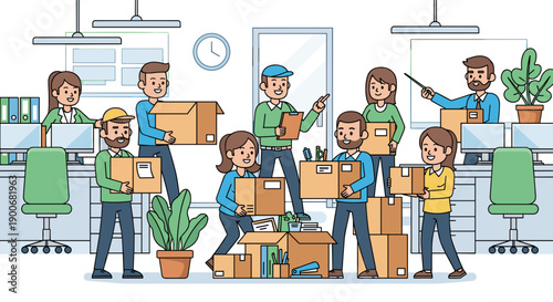 Office workers moving boxes during relocation.
