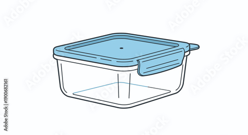 Transparent rectangular food storage container with blue lid and locking mechanism.