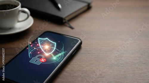 Wallpaper Mural Mobile device security optimization with digital authentication error alert and user interface data protection icon for cybersecurity in workspace management context. Torontodigital.ca