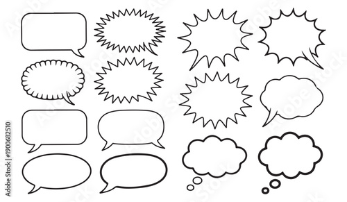 Set of diverse hand drawn speech bubbles and thought clouds for comics and communication design elements
