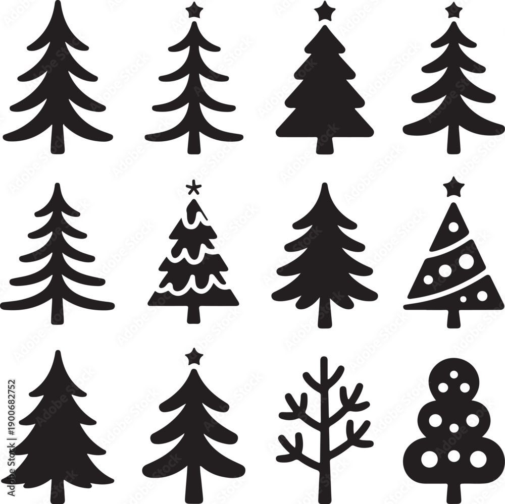 Obraz premium Collection of twelve black Christmas tree icons silhouette
