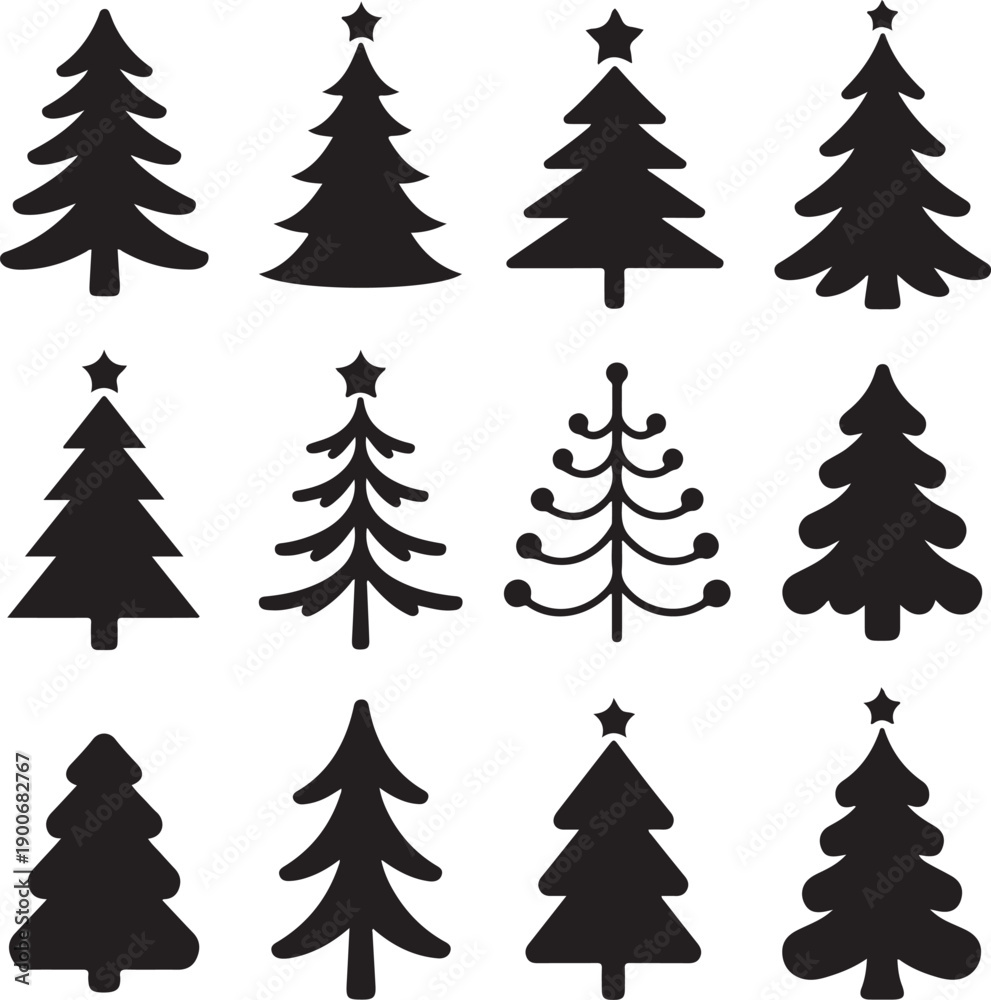 Fototapeta premium Collection of twelve black Christmas tree silhouettes on white background