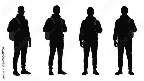 Four silhouetted figures of men wearing jackets and carrying shoulder bags