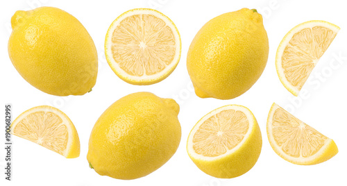 Fotografie ripe lemon fruit, piece and half isolated, transparent PNG, lemon with juicy fle