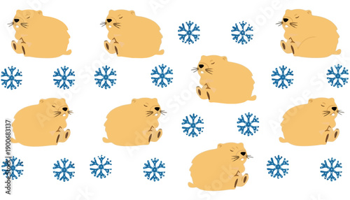 A cute pattern of hamsters and snowflakes on a white background
